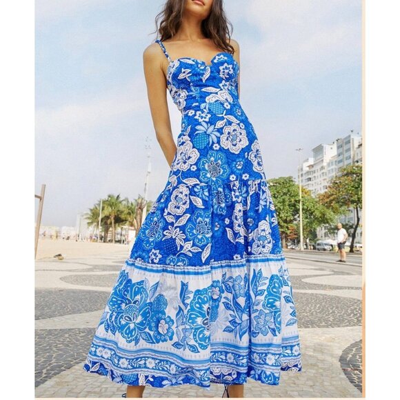 FARM Rio Dresses & Skirts - NEW Farm Rio Midi Dress M Blue Full Of Flowers Organic Cotton NWT Tiered